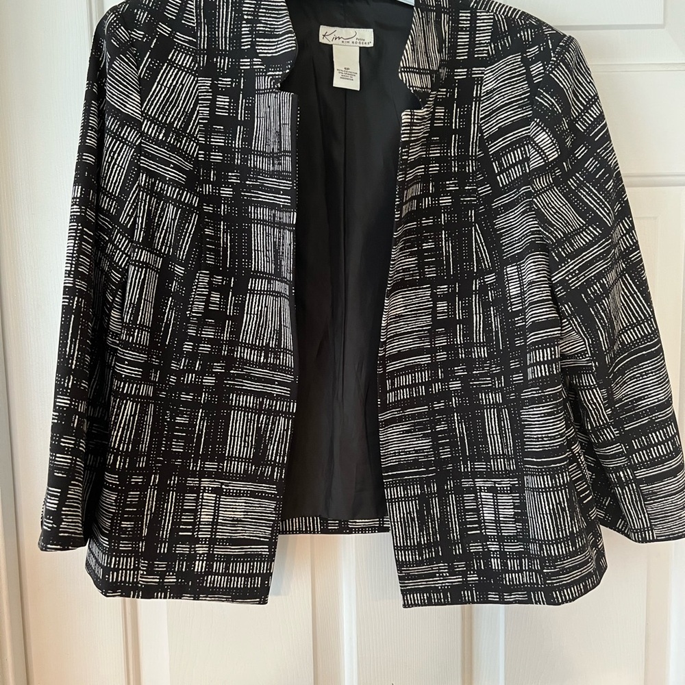 Kim Rogers Black and White Open-Front Plaid Blazer- Size 6P